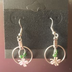 Green Silver 4 Leaf Clover Hoop Dangling Earrings